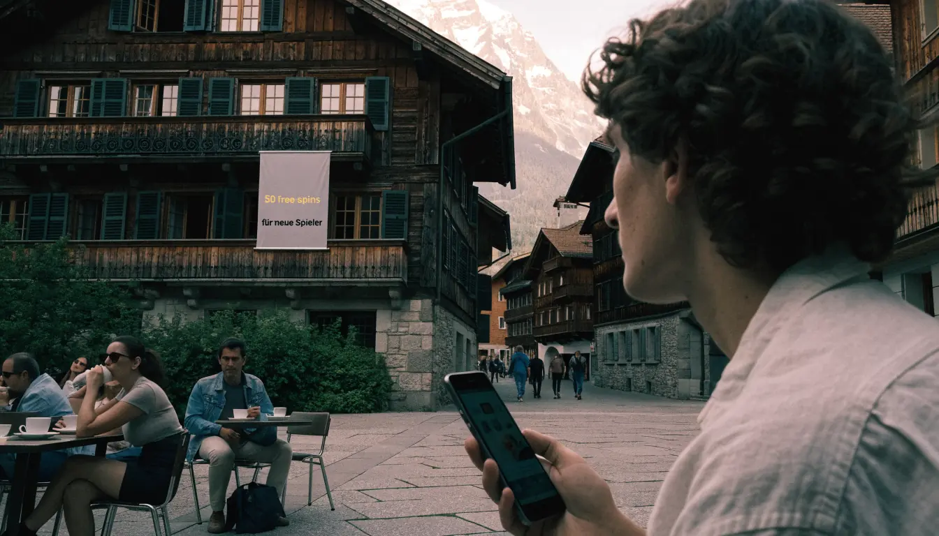 Schweizer Platz im Sonnenschein mit Banner '50 Freispiele' und junger Erwachsener mit Smartphone