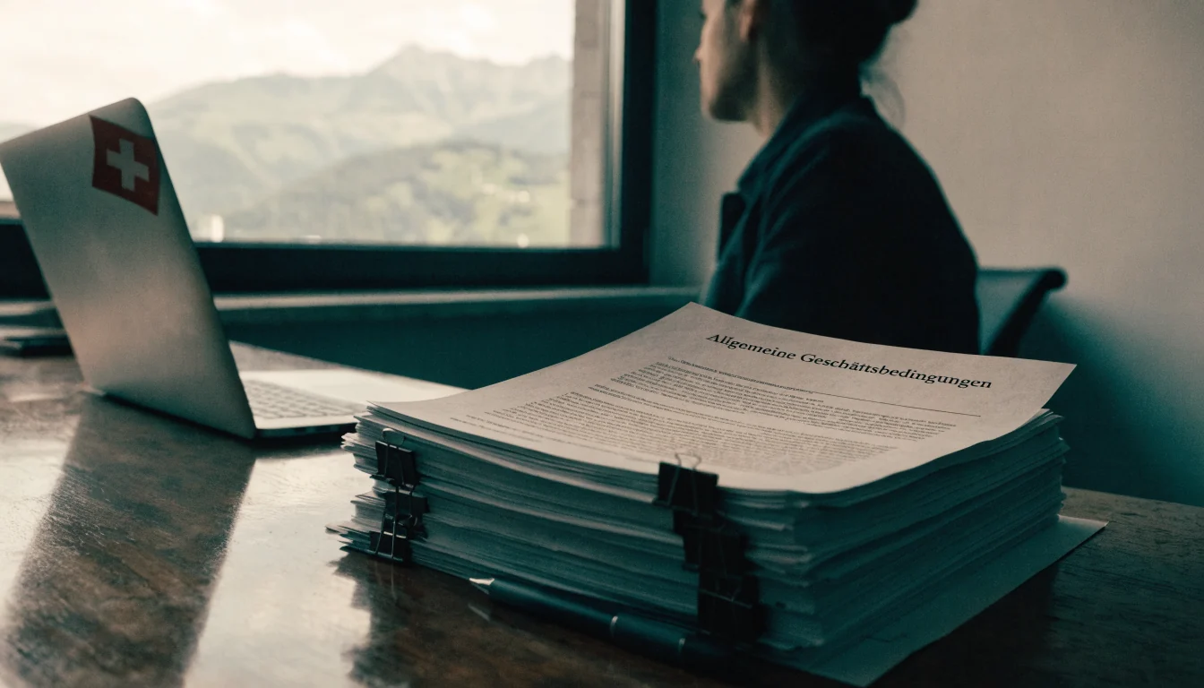 Schweizer Büro mit AGB-Dokumenten und Alpenblick