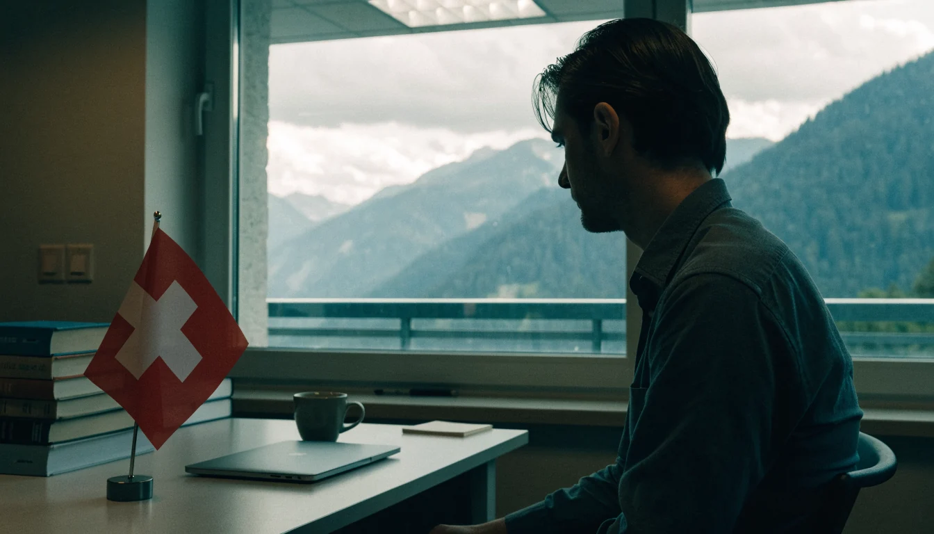 Schweizer Büro mit Flagge, Büchern und Alpenblick