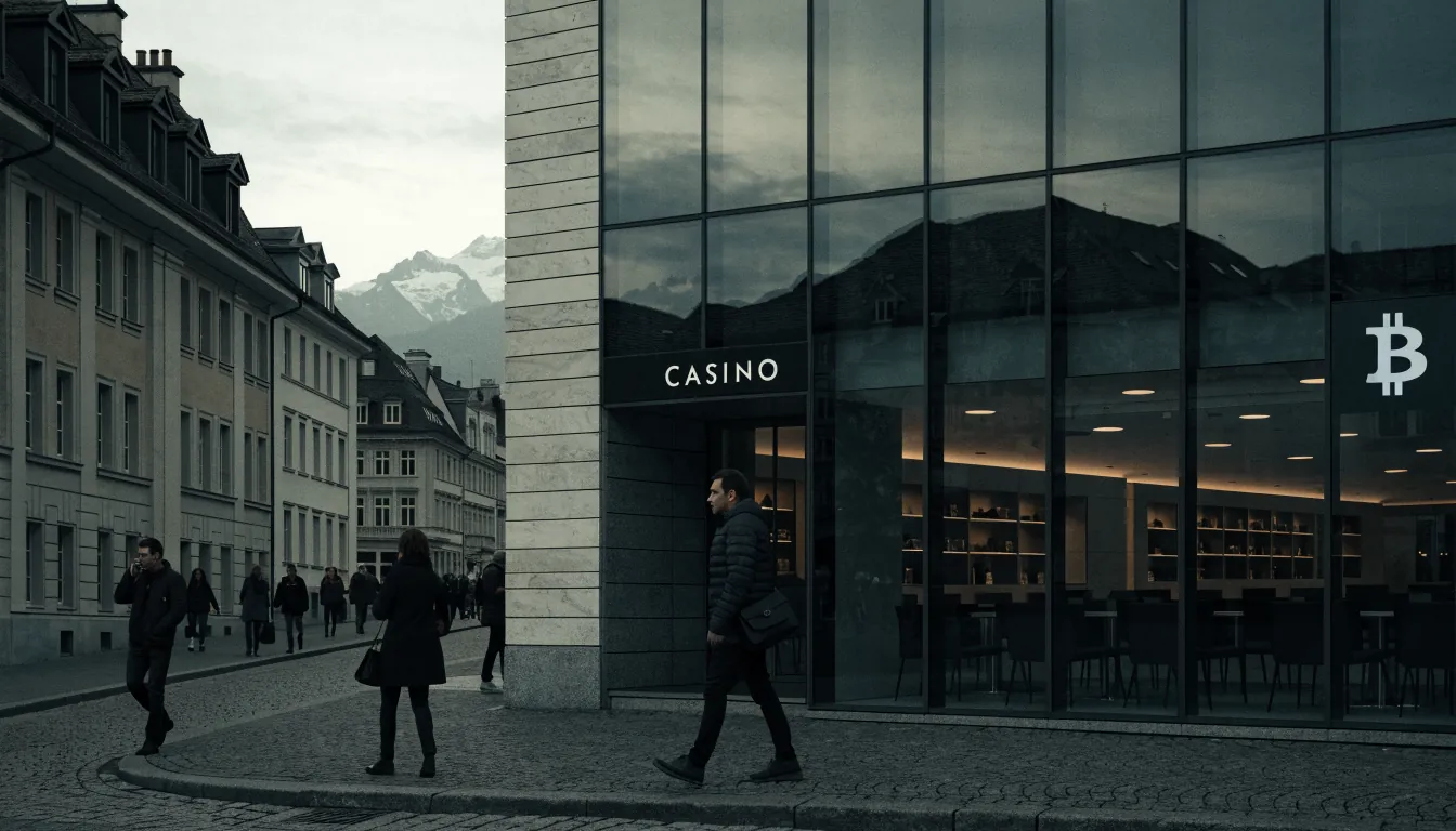 Schweizer Stadtstraße mit stilvollem Casino im Abendlicht, subtile Krypto‑Symbole.