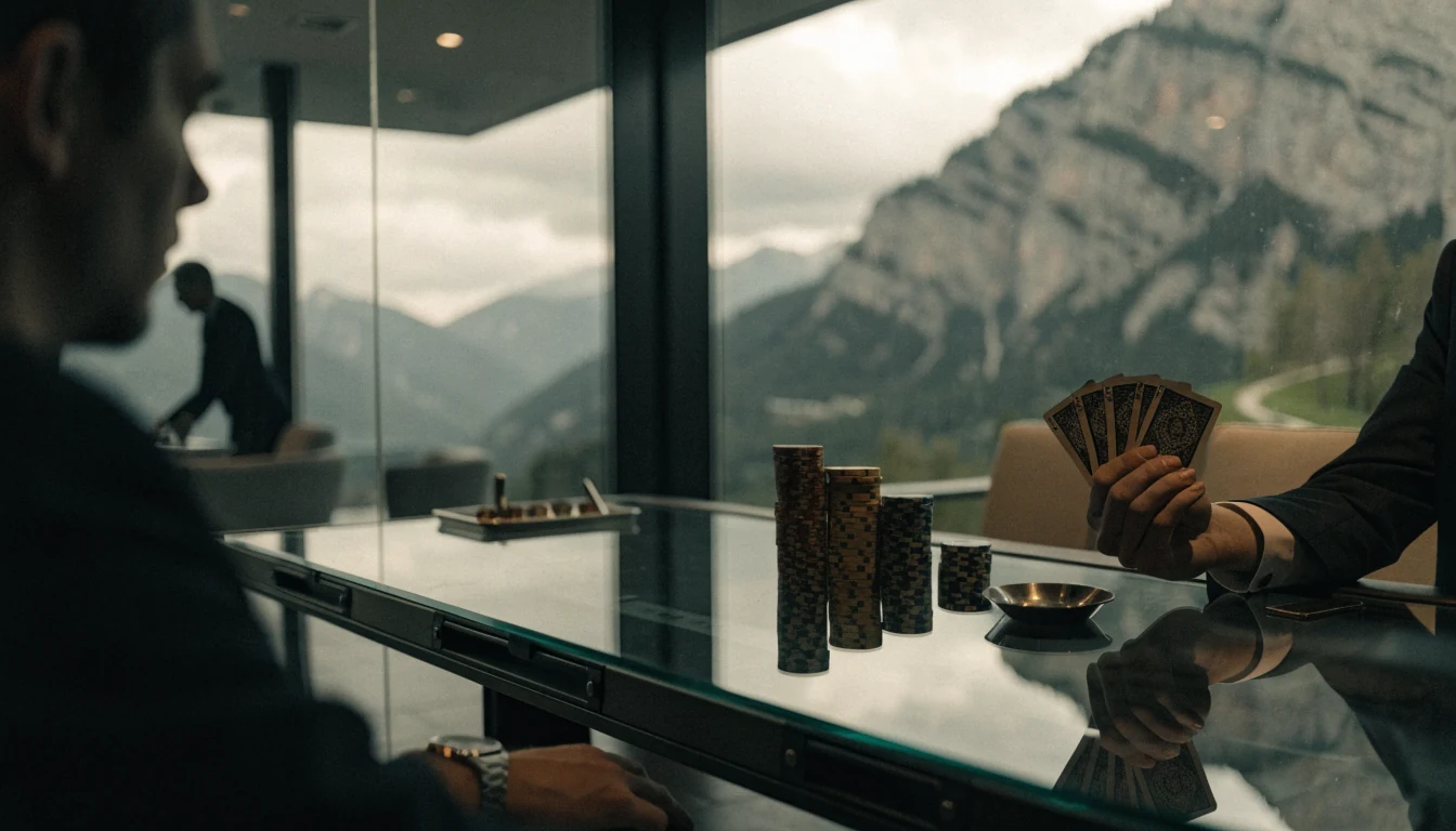 Modernes Schweizer Casino mit Glas Tisch und Berge im Hintergrund