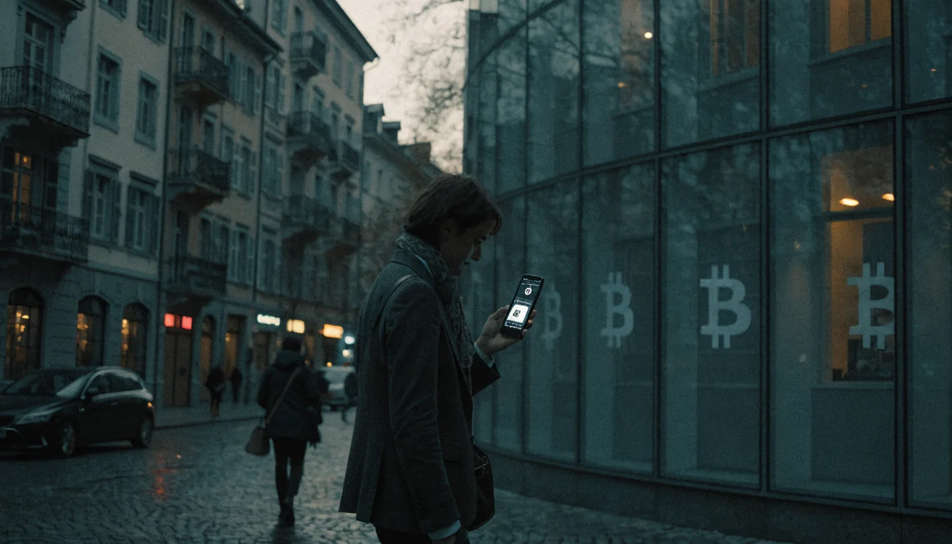 Schweizer Straße bei Dämmerung, Glasgebäude mit Bitcoin-Symbolen, Person mit Smartphone.