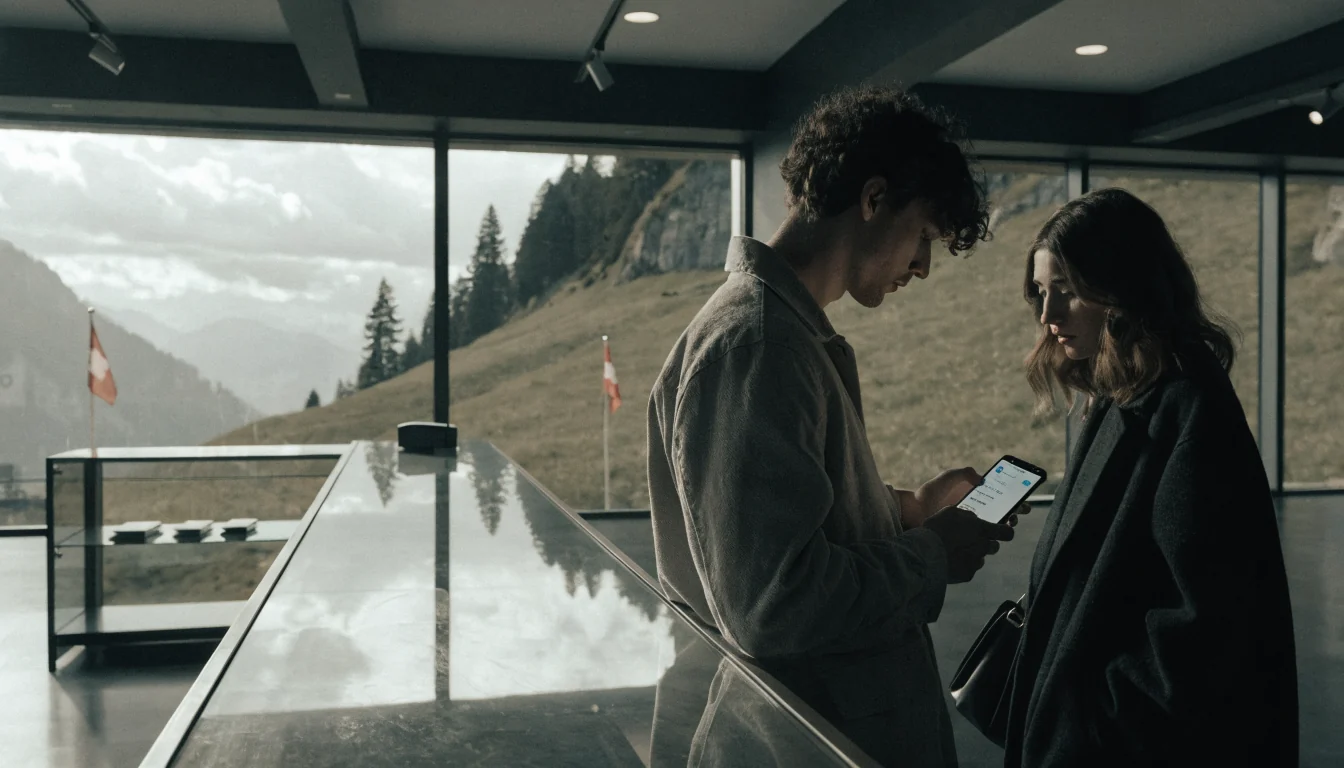 Junges Paar nutzt Google Pay in Schweizer Bankhalle bei Tageslicht