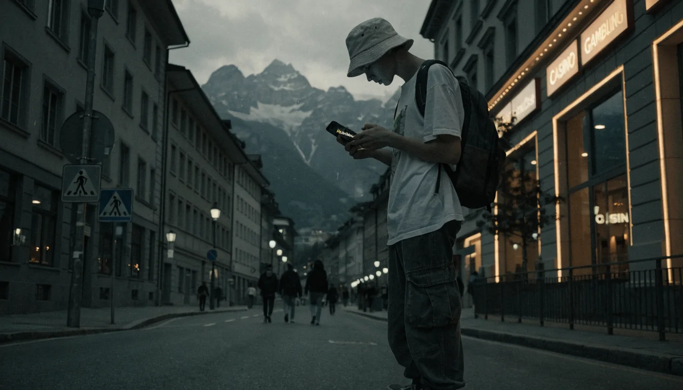 Junger Erwachsener in Schweizer Stadt mit Smartphone und MuchBetter-Logo, Casino im Hintergrund