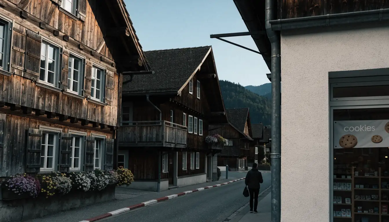 Schweizerische Straße mit Cookie-Banner im Fenster