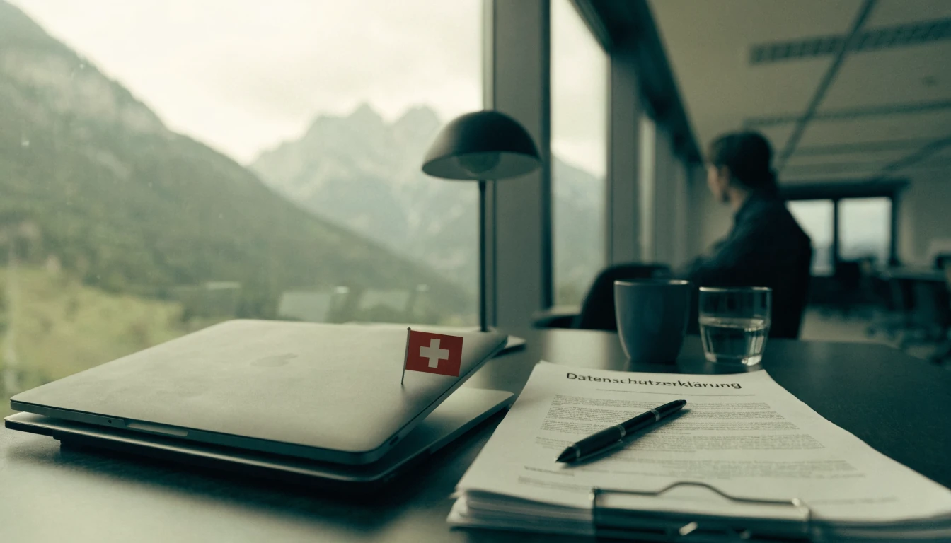 Schweizer Büro mit Alpenblick, Laptop, Dokumente zur Datenschutzerklärung