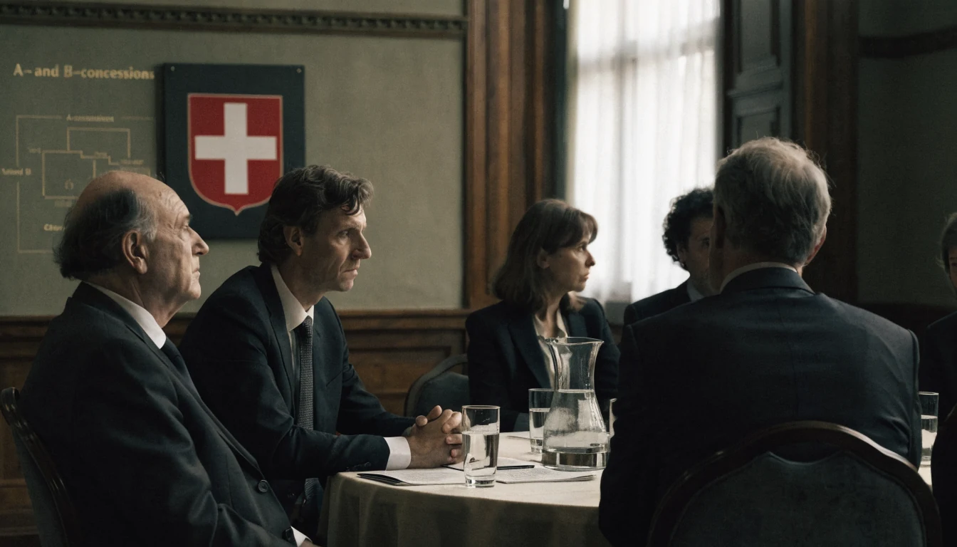 Konferenzraum mit Beamten und Schweizer Wappen