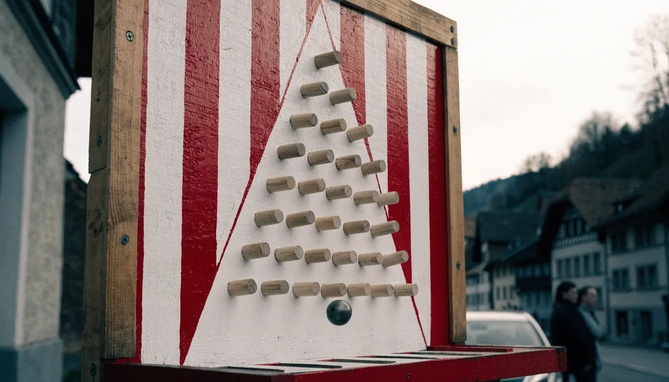 Plinko‑Tafel mit fallender Kugel in Schweizer Farben