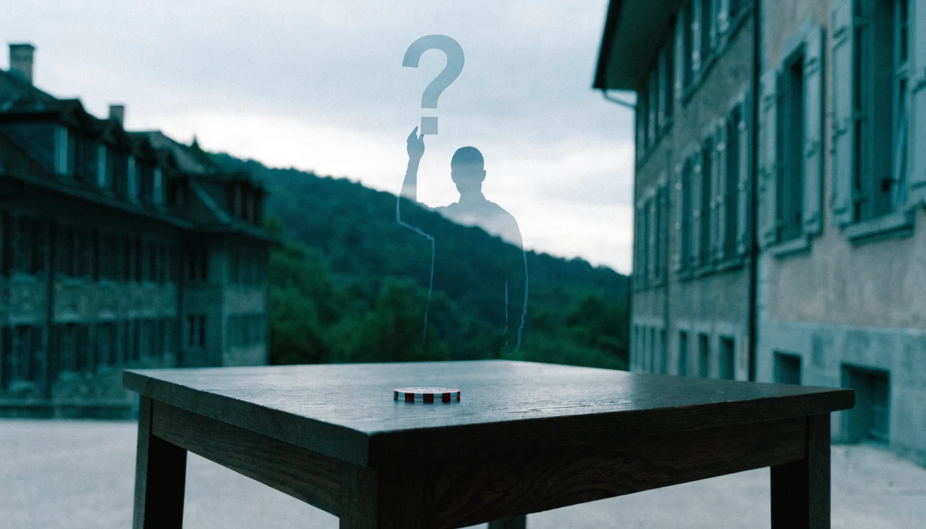 Leerer Tisch mit Chip und Frage‑Silhouette