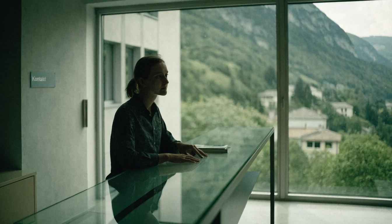 Freundlicher Mitarbeiter im modernen Schweizer Büro mit Alpenblick hinter dem Schalter.