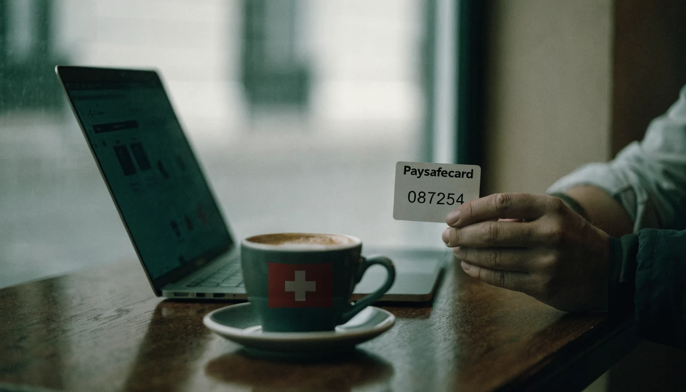 Hand mit Paysafecard und Laptop in Schweizer Café
