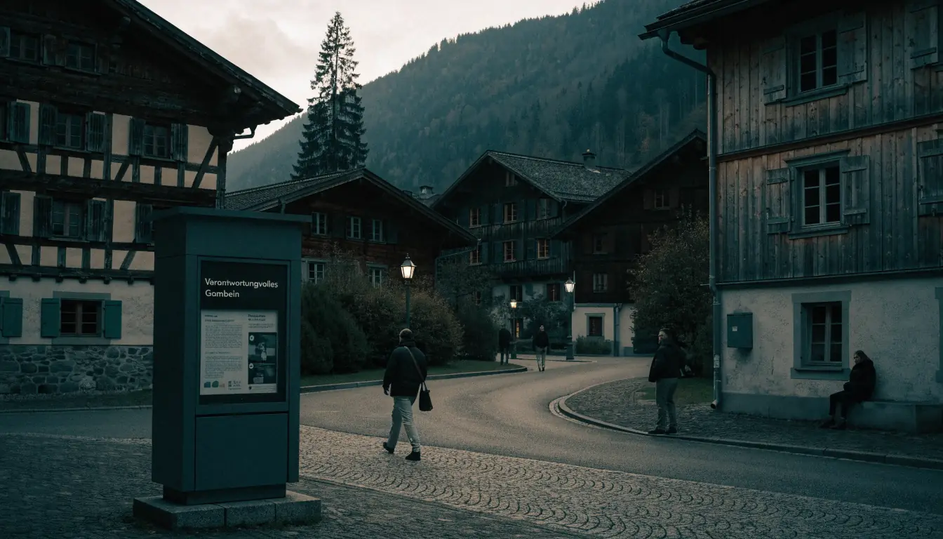 Schweizer Dorfplatz bei Dämmerung mit Informationsstand für verantwortungsvolles Spielen