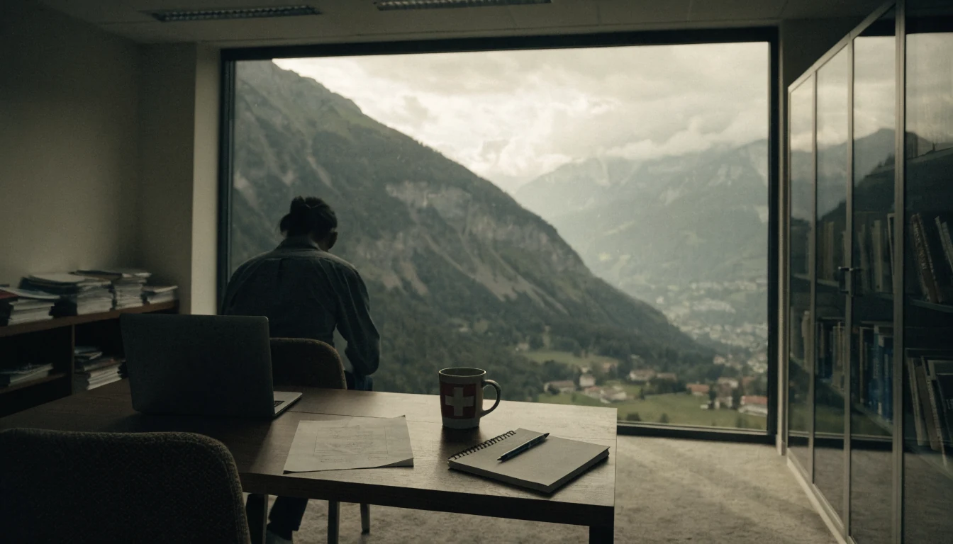 Schweizer Redaktionsbüro mit Alpenblick und Laptop